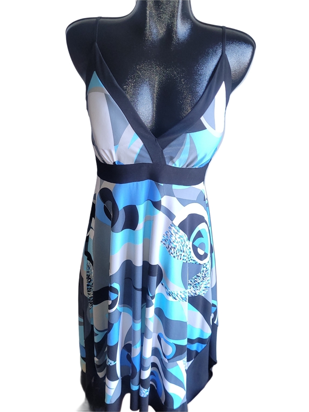 Uptown Girl Black, Blue And White Abstract Pattern Midi Summer Dress Size M
